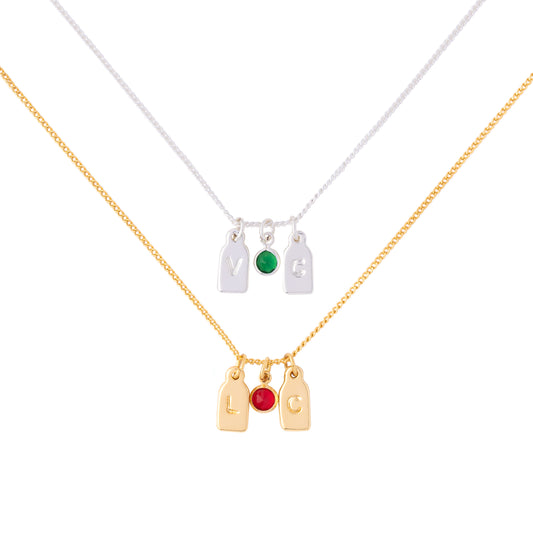 PAR de collares de iniciales +  piedra de aniversario